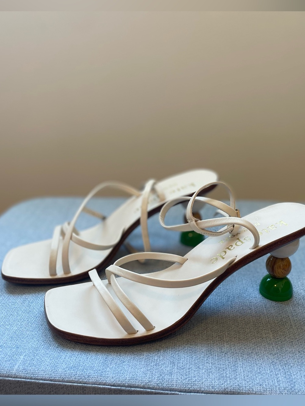 kate spade Ivory Strappy Sandals with Decorative Green Sculptural Heels